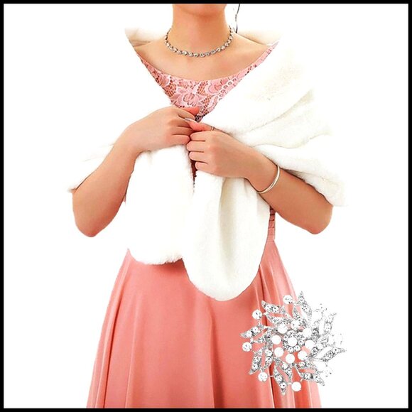 Elegant Faux Fur Shawl Wrap Wedding Bridal Stole with Brooch Formal Occasion